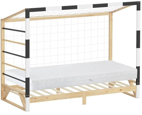 ML-Design Kinderbett Fußballtor 90x200 cm mit Matratze H:16cm, Holzbett mit Lattenrost & Tornetz, Jugendbett aus Kiefernholz, Einzelbett für Kinder, Bettgestell mit Holzrahmen, Handballtor