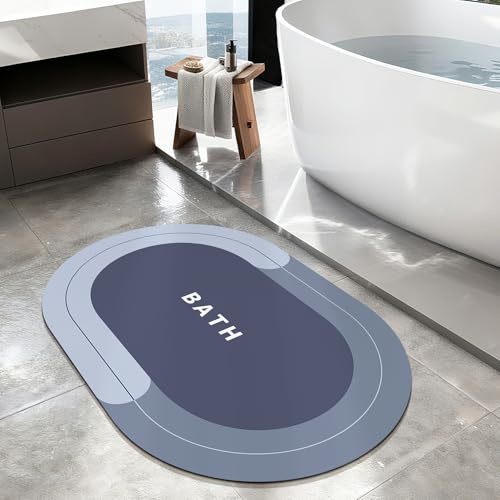 SOLIC Badematte Rutschfester,Schnelltrocknende Badvorleger Super Saugfähig Badezimmerteppich,Dünn Ovale Badematte Duschmatte für Dusche, Badewanne (Blau, 40x60cm)