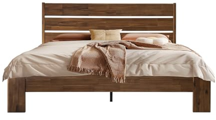 Queen Size Bed Frame with Headboard & Footboard Solid Wood Platform Bed, Central Metal Legs, 12 Sturdy Slatted Base, Easy Assembly, No Box Spring Needed, Anti-Noise & Slip-Free, Walnut Finish QIQ-37