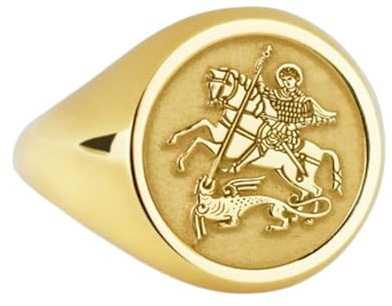 925 Sterling Silber Heiliger Georg und der Drache | Vergoldeter Ring | Runde Form 14x14mm Siegelring | Bandgröße US 5-12,5 Avelaibal |LKDR_0012