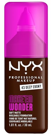 NYX Professional Makeup Make 'Em Wonder Foundation, 24H Soft Matte Aufbaubare Foundation, Mit hoher Deckkraft, Mattes Finish, 42 Deep Ebony