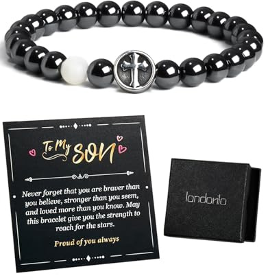 Landorilo Naturstein Armband Herren, Geschenk für Männer | Geschenke für Sohn, Papa und Freund zu Geburtstagen Feiertagen,Handgefertigter Schmuck, inklusive Geschenkkarte, 19 cm/21 cm