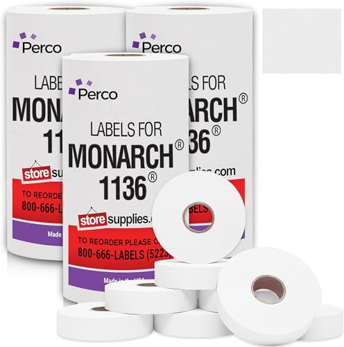 Perco Weiße Preisetiketten für Monarch 1136, 3 Hüllen, 24 Rollen, Vorteilspackung – 42.000 Etiketten mit Tintenrollen im Lieferumfang enthalten