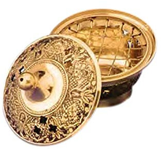 Coupelle à encens Encensoir Antique en Laiton avec Une Grille et Un Couvercle, H: 8 cm, Ø 8 cm