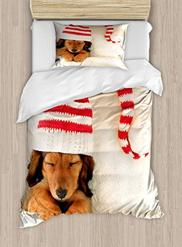 ABAKUHAUS Dackel Bettbezugs Set für Einzelbetten, Hund in der Weihnachts Elf-Hut, Milbensicher Allergiker geeignet mit Kissenbezug, 130 x 200 cm,Zimt