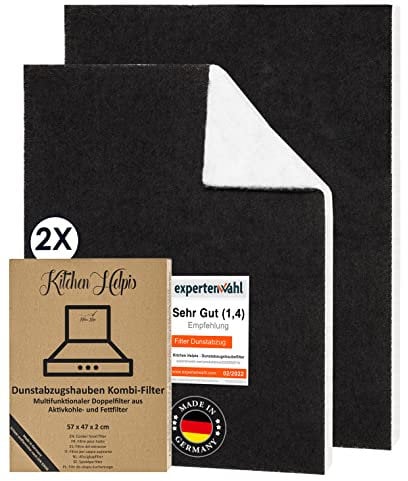 Kitchen Helpis® 2 Filtros de Campana Extractoras combinados – Filtros Dobles de Carbón activo y Grasa 57x47cm, Filtro se puede cortar a medida, Universales para todas las Campanas Extractoras estándar