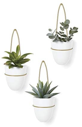 Umbra Trio Hänge-Übertopf Vase & Wanddekor-Behälter, 3-teiliges Set, Weiß/Messing