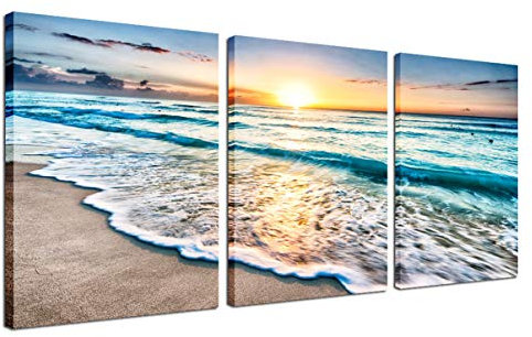 Tableau mural encadré à 3 panneaux avec vague de mer et coucher de soleil sur toile - Décoration pour la maison, le bureau, la peinture pour chambre à coucher, prête à accrocher 30.5 x 40.6 cm