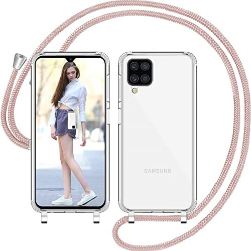 Nupcknn Handykette Hülle für Samsung Galaxy A12, Transparent TPU Bumper+PC Back Hülle mit Kordel zum Umhängen, Anti-Rutsch, Verstellbarer Riemen, Rosegold