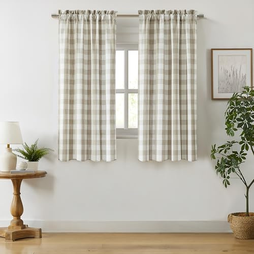 Bapawfish Beige Buffalo Plaid Fenstervorhang, Paar, 160 cm lang, hellbraun, geometrisch, kariert, Stangentasche, Fensterbehandlung, rustikaler Bauernhaus-Stil, 101.6x160 cm, Leinen