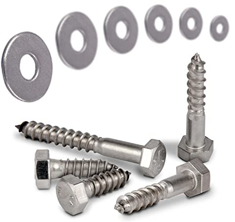PROTECH 5 Stück Sechskant Holzschrauben M12x120 DIN 571 mit U Scheiben M12 DIN 9021 Holzbau Set Edelstahl A2 Unterlegscheiben Großer Aussendurchmesser