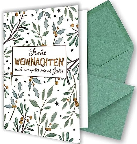 5x XL Weihnachtskarten-Set DIN A5 in Weiß mit Eukalyptus- und Mistelzweigen - Faltkarten mit Umschlägen DIN C5 Kraftpapier Eukalyptus mit Nassklebung - Weihnachtsgrüße für Firmen und Privat