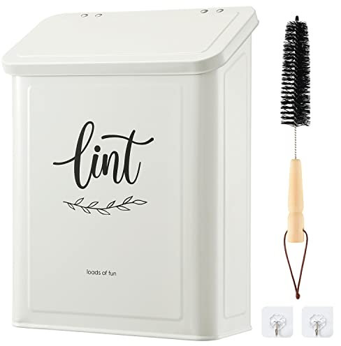 PERFNIQUE Magnetic Lint Bin for Laundry Room with Lint Brush, Wall Mounted Lint Holder Trash can with lid for Dryer, Modern Farmhouse Rustic Metal Laundry Room Storage Organization and Decor