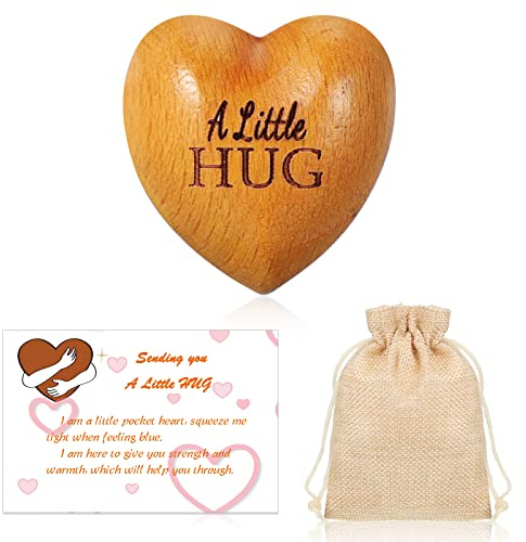 Otuuz Pocket Hug Wooden Heart with Card and Bag, Hug, 1.4 x 1.4 x 0.8 | Mini Token for Long Distance Friendship, Encouragement Keepsake with Message, Anniversary Present, Women or Couples Gift