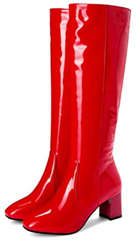 ORANDESIGNE Stivali in Vernice Donna Scarpe a Punta al Ginocchio Stivali Alti Stivali da Motociclista Moda Stivali a Punta Tonda Sexy Stivali con Tacco Grosso Autunno Inverno A Rosso 45 EU