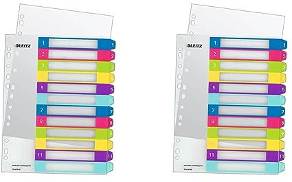 Leitz Register für A4, PC-beschriftbares Deckblatt und 12 Trennblätter, Taben mit Zahlenaufdruck 1-12, Überbreite, Mehrfarbig, Polypropylen, WOW, 12440000 (Packung mit 2)