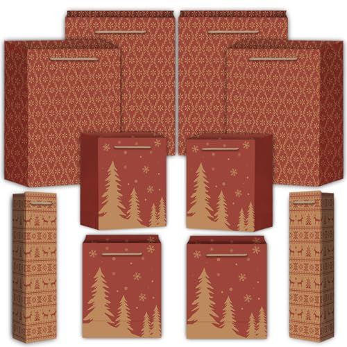 PANSIBY Geschenktüten Weihnachten, 10 Stück Weihnachtstüten mit Tragegriff, Tüten aus Braun Kraftpapier, Rote Weihnachtstaschen in Vielen Größen
