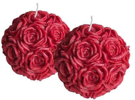 Rosenkugel-Kerzen 2er Set mit Rosenrelief duftende Dekokerze handhemacht in Rot in Geschenkbox, 6,3 x 4,3 cm