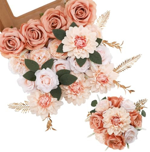 Kisflower Künstliche Champagnerblumen, kombiniert, künstliche Rosen, künstliche Dahlie, Blumen mit Stielen für selbstgemachte Hochzeit, Brautstrauß, Party, Heimdekorationen (Champagner)