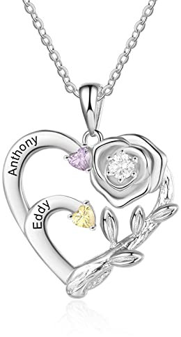 Glooraca Benutzerdefinierte simulierten Geburtsstein Halskette für Frauen mit 1-4 Namen personalisierte Herz Anhänger Halsketten für Mama Frau Oma (2 Names)