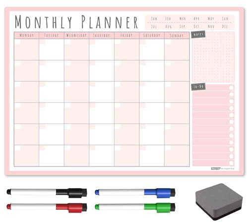 TMS A3 Wochenplaner Whiteboard | Magnetischer Kalender für Kühlschrank und trocken abwischbare Stifte | Mahlzeiten- oder Familienplaner für die Küche (Blush, A3-MONTHLY)