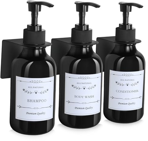 LKEVREG Seifenspender Wandbefestigung - 300ml - Spülmittelspender Ohne Bohrer mit Trichter und Wasserfestem Etikett, 3er-Set | Pumpspender für Küche und Bad - Schwarz