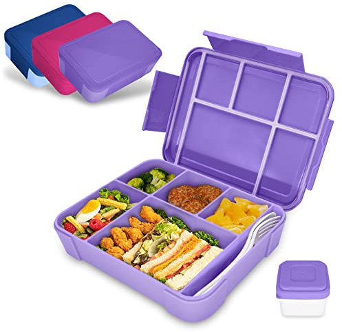 IJIAMY Bento Lunch Box Kids, Bento Box Lunch Box Adults with 5 Compartments and 1 Salad Dressing Containers, Snack Box for Kids and Adults Work School (Purple)