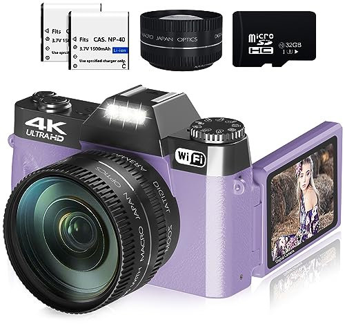 VETEK Digital Cameras for Photography, 4K 48MP Vlogging Camera, 16X Digital Zoom, Manual Focus, Rechargeable, Compact Camera with 52mm Wide-Angle & Macro Lens, 32G TF Card and 2 Batteries (Purple)