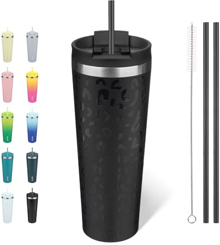 BJPKPK 780 ml Isolierter Edelstahl-Becher mit Deckel und Strohhalm – Wiederverwendbarer Thermobecher für Reise, Kaffee und Tee, Schwarzer Leopard