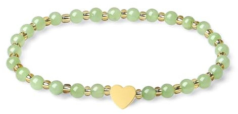 MetJakt Handgemachter Naturstein Perlenarmband 4MM Mini Stretch Armband Energiearmbänder 18k vergoldet Herz Armbänder für Damen Damenschmuck Echtes (Grüner Aventurin)