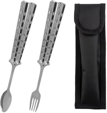 Lot de 2 Cuillère Papillon: Cuillères en Forme de Papillon Pliable Fourchette et Cuillère Pliables, Cuillère à Fourche de Papillon avec Sac de Rangement pour Barbecue Voyage Camping Plein Air
