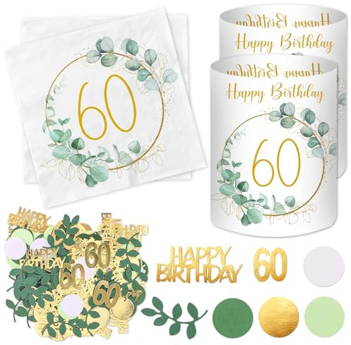 20 Stück Servietten 60 Geburtstag+ 12 Windlicht Tischdeko + 100 Konfetti 60.ter Grün, Deko 60. Geburtstag Frau Mann, Eukalyptus Tisch Deko 60 Jahre