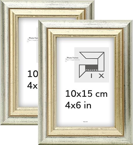 Pix FRAMES Bilderrahmen 10x15 Vintage 2 Set - Fotorahmen Holz mit Scheiben aus Plexiglas - Retro Rahmen zum Aufhängen und Aufstellen - Gealterter Fotorahmen - Silber-Gold