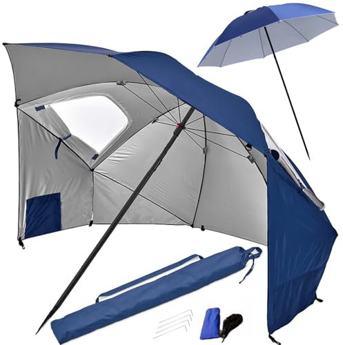 HUKITECH Sombrilla plegable extragrande XXL – Protección solar – Color: Azul oscuro – Ideal en la playa Jardín Park – Impermeable – para toda la familia, azul oscuro, L