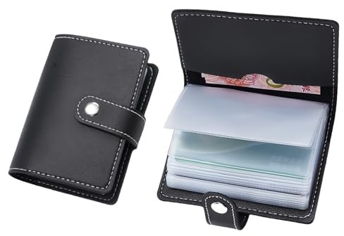 Leather Card Holder Credit Debit Business Bank ID Cardholder Compact Wallet with Plastic Insert Sleeves Case Pocket Small Cardholder RFID Blocking Card Holders for Men Women Black