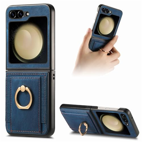 Knoowcase for Samsung Galaxy Z Flip 6 Case Samsung Z Flip 7 FE Phone Case Wallet Shockproof Bumper Case with Ring Holder Card Slots PU Leather Cover Anit-Fall Anti-Drop Kickstand Back Case, Blue