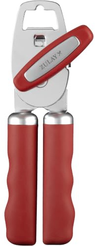 Zulay Kitchen Tin Opener - Heavy Duty Can Opener Manual with Bottle Key - Rust Proof, Stainless Steel, Arthritis-Friendly, Hand Tool for Seniors with Turn Knob & Comfy Soft Good Grip Handles - Red