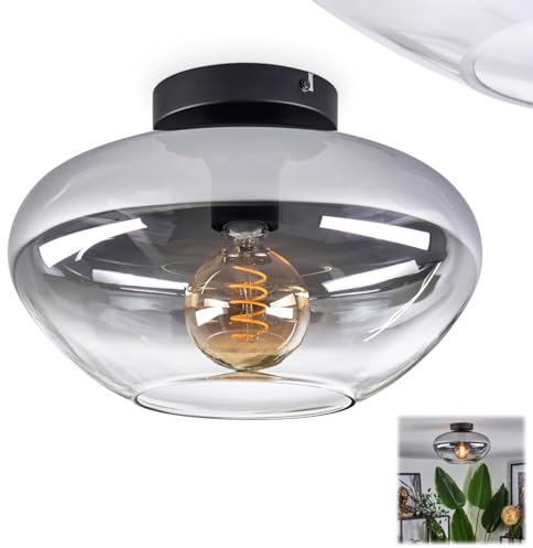 HOFSTEIN Deckenleuchte Mertola, Deckenlampe aus Metall/Glas in Schwarz/Rauchfarben/Klar, Leuchte im modernen Retro/Vintage-Design mit Schirm aus Glas (Ø 30 cm), 1 x E27, ohne Leuchtmittel