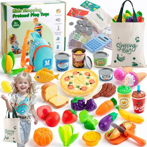EFO SHM 68 Piezas Supermercado Juguete, Frutas y Verduras Juguete con Dinero Falsos Real Euros Comida Helados Calculadora, Cocinita Juego de rol Accesorios Cocina Juguetes para Niños Niñas 3+ Años