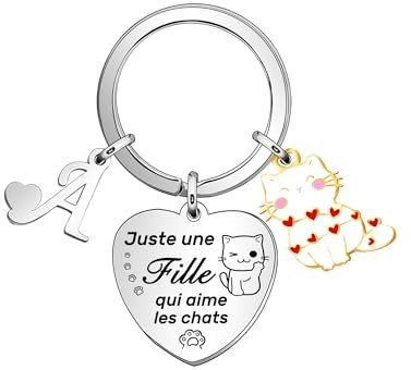 Casxyue Cadeau Chat Pour Fille Porte Clés Chat Initiales Porte - clé Pour Amoureux des Animaux Bijoux Pour Fille Cadeaux Noël Anniversaire (A)