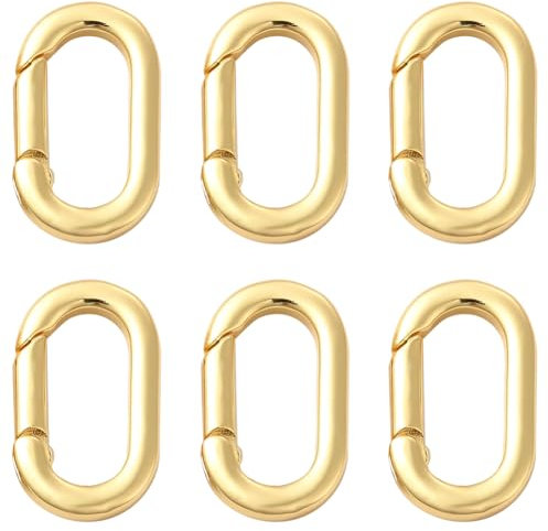 SUNNYCLUE 1 Box 6Pcs Spring Oval Rings Carabiner Jewellery Clasp Real 18K Gold Plated Brass Keychain Clips Small Keyring Trigger Snap Hook Buckle for Purse Jewellery Making Bags Lanyard Supplies DIY