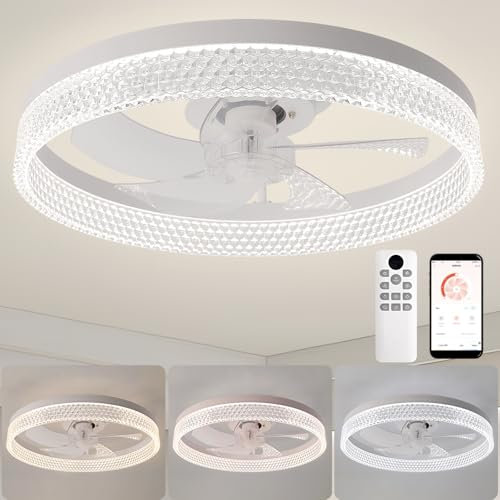 ZYDTRIP Ceiling Fans with Lights and Remote, 19.7 Inch Ceiling Fan, 6 Speeds, Reversible, Dimmable Flush Mount Fan Light, Modern and Bladeless Ceiling Fan Light for Bedroom Living Room Dining Room