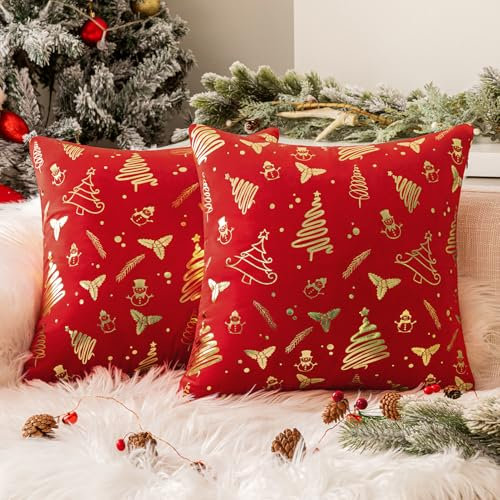 Softalker Weihnachtskissenbezug 50x50 Rot Gold mit Weihnachtsbaum Muster Samt 2er Set deko Weihnachten innen Kissenhülle Kissenbezüge Sofakissen Dekokissen Couchkissen für Stuhl Sofa Kinderzimmer