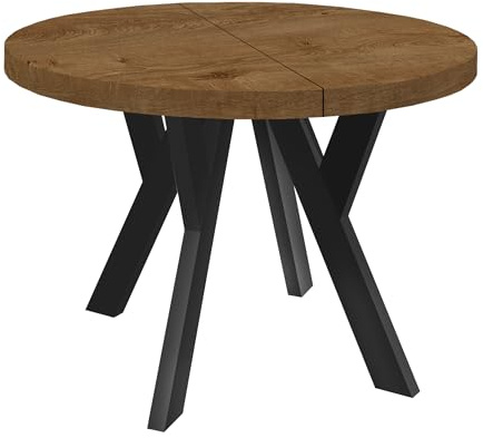 Dekori Möbel Runder Ausziehbarer Tisch für Esszimmer mit Holzbeinen, Pero, Loft-Stil, Skandinavische, Durchmesser Varianten: von 90 bis 220 cm (Eiche Lefkas/Schwarz, 110/160 cm)