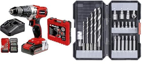 Einhell Taladro percutor con batería de 2,5Ah TE-CD 18/2 Li +22 (1x2,5 Ah) PXC (18 V, 44 Nm, engranaje de 2 veloc., cargador rápido, caja de puntas de 22 piezas y maletín) + Kit de brocas/puntas
