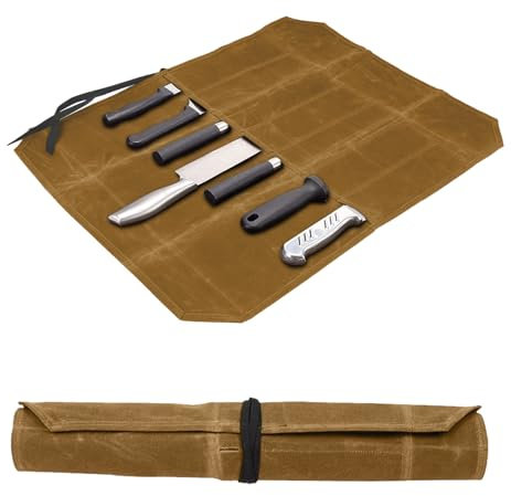 Azonelife Bolsa para Cuchillos, Bolsa Enrollable de Lona Encerada, Cuchillos Lona con 7 Ranuras, Enrollable para Cuchillos de Chef para Acampar Hacer Senderismo (Caqui)