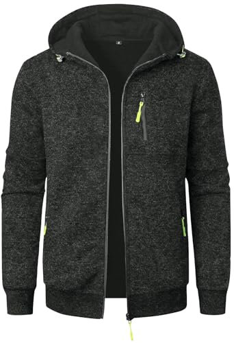 Herren Langarm Kapuzenjacke Reißverschluss Übergangsjacke Softshelljacke Strickjacke Lässige Herbst Winterjacke Herren Sweatjacke mit Taschen Freizeitjacke Modischer Hoodie Sportjacke (Black,3XL)