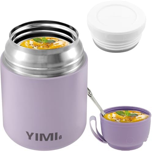 GUIJZSLTRG Food Flask with Stainless Steel Folding Spoon 530ml Vacuum Double Walled Insulated Food Jars Leakproof Thermal Food Container Soup Containers for Hot Food Keep 12H and Cold 24H(Purple)