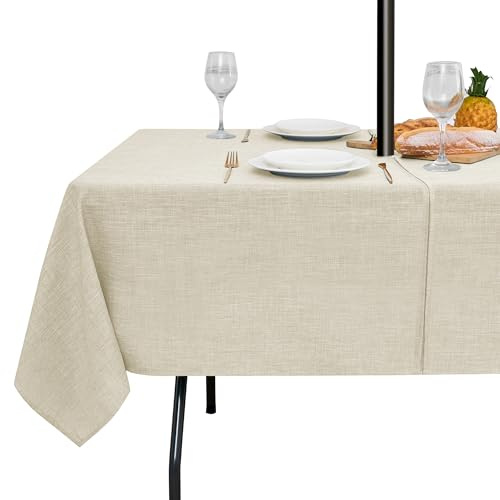 LUSHVIDA Outdoor-Tischdecke mit Schirmloch, Terrassentischdecke mit Reißverschluss, rechteckig, 132 x 178 cm, Beige, Kunstleinen, Tischdecke, wasserabweisend, für Picknick, draußen