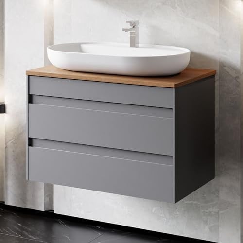 Karen Waschtisch mit Unterschrank Lara | Keramikwaschbecken | Unterschrank | Badmöbel | Aufsatzwaschbecken | Konsolenwaschtisch | Minimalistisch | Badezimmer Anthrazit (Lara 80 mit Konsole Walnuss)